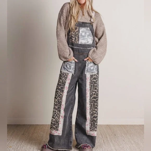 POL Patchwork Leopard Print Floral Camo Patch Boho Overalls - Picture 3 of 16